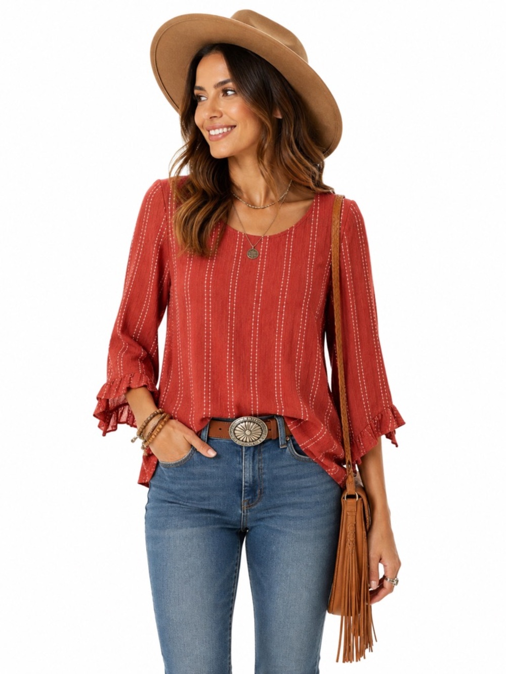 W5 Rust Striped Bell Sleeve Blouse XL Ruffle 70s Boho Made in USA